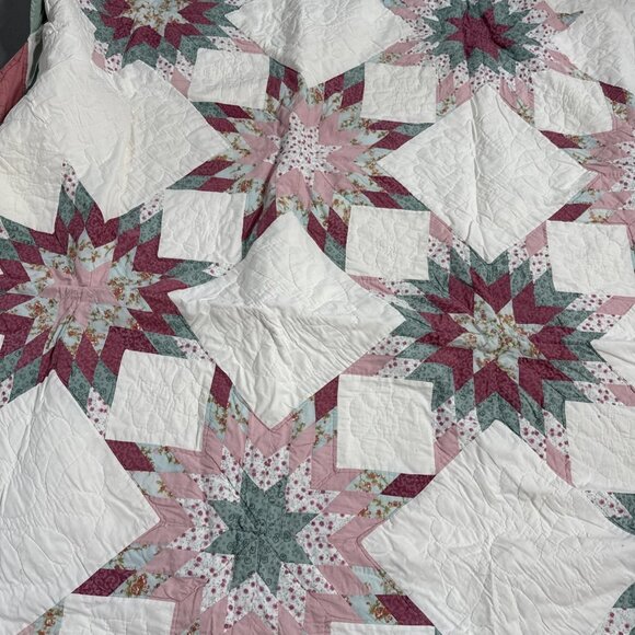 Vintage Star Pattern Quilt Full 82" x 82" Multi Color Pink Green Farm Country - Picture 4 of 8
